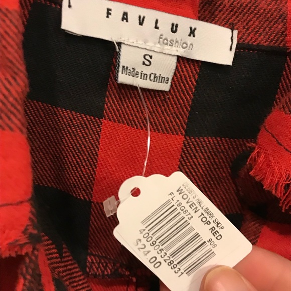 FAVLUX Womens Red & Black Check Button Up Roll Tab Sleeve Fringe Crop - Picture 8 of 13